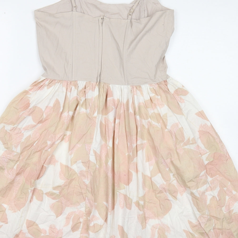 H&M Womens Ivory Geometric Cotton Skater Dress Size 10 Square Neck Zip