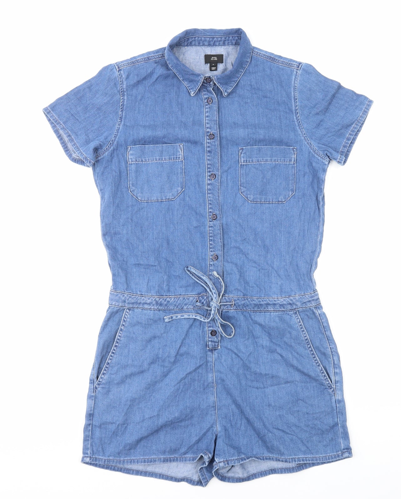 River Island Womens Blue Cotton Playsuit One-Piece Size 12 Button
