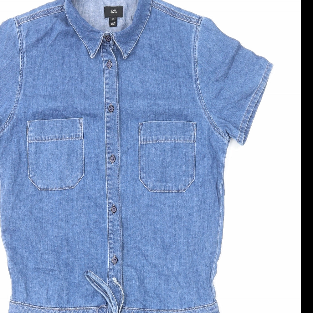 River Island Womens Blue Cotton Playsuit One-Piece Size 12 Button