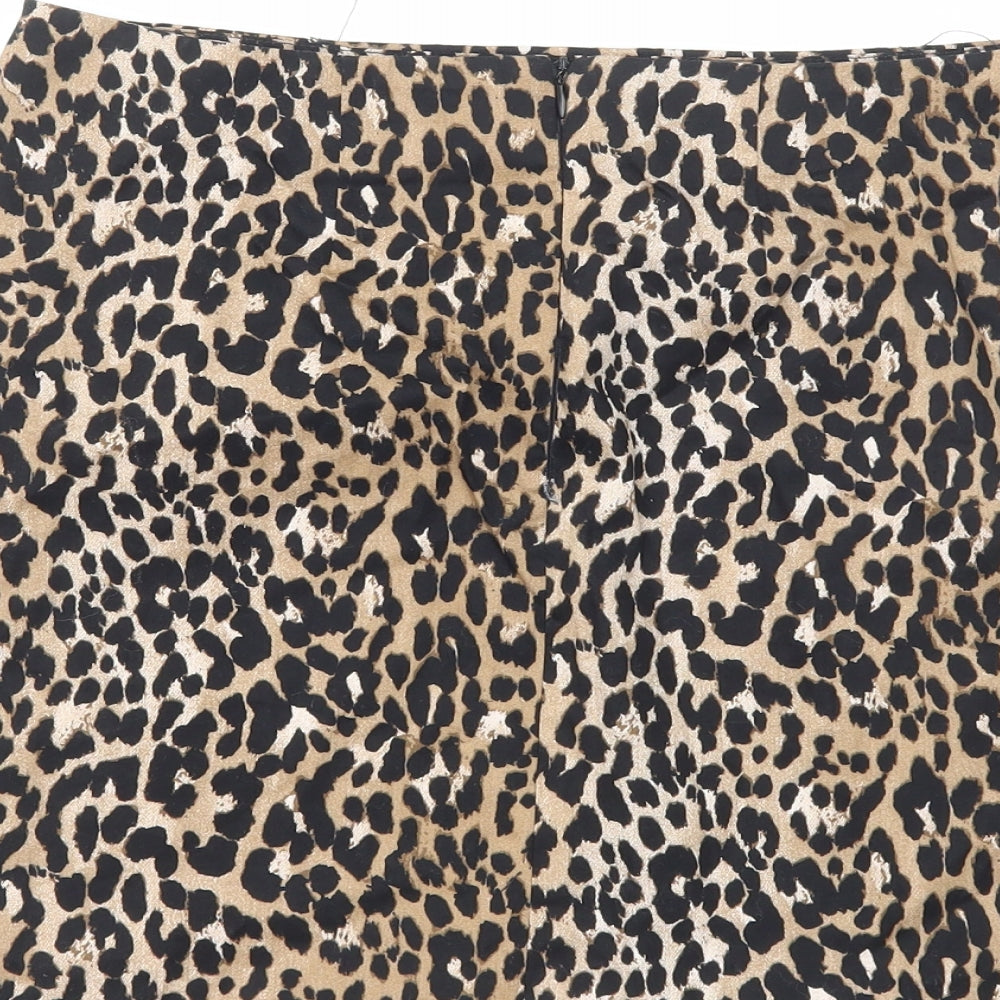 Primark Womens Brown Animal Print Cotton Mini Skirt Size 12 Zip - Leopard Pattern