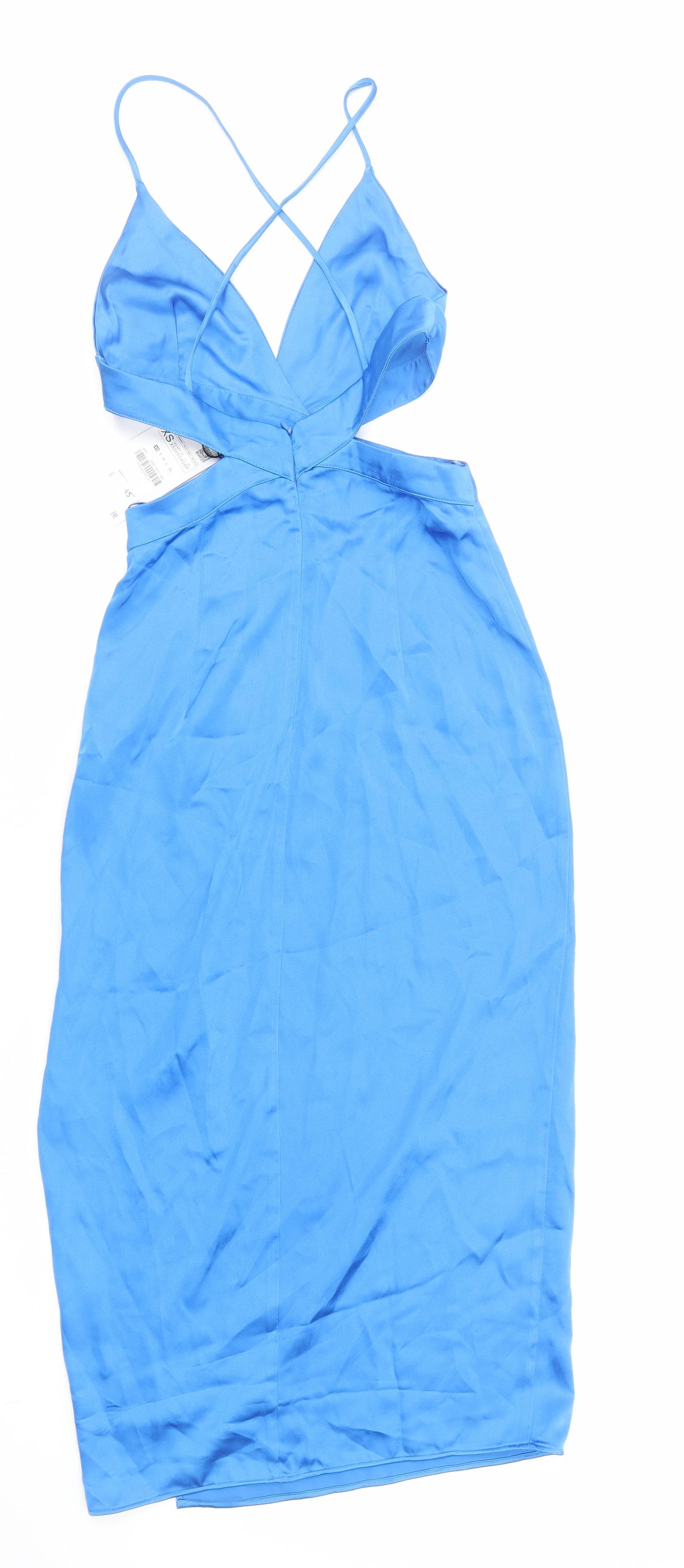 Zara Womens Blue Polyester Slip Dress Size XS V-Neck Zip