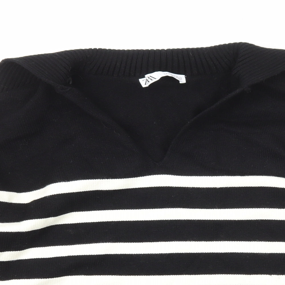 Zara Womens Black Collared Striped Polyester Pullover Jumper Size S