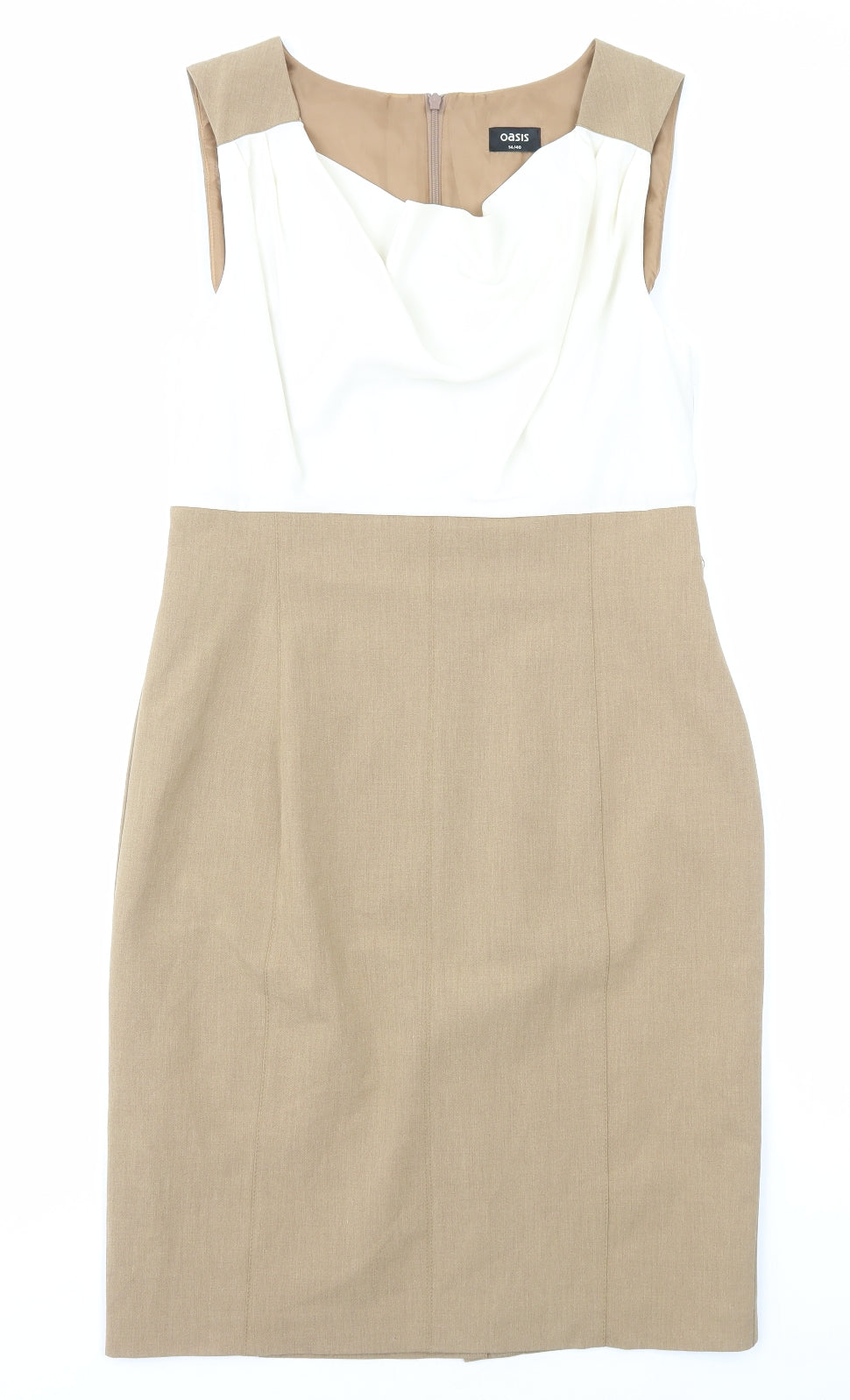 Oasis Womens Brown Colourblock Polyester Pencil Dress Size 14 Cowl Neck Zip
