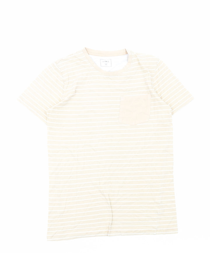 PEP&CO Womens Beige Striped Cotton Basic T-Shirt Size XS Round Neck
