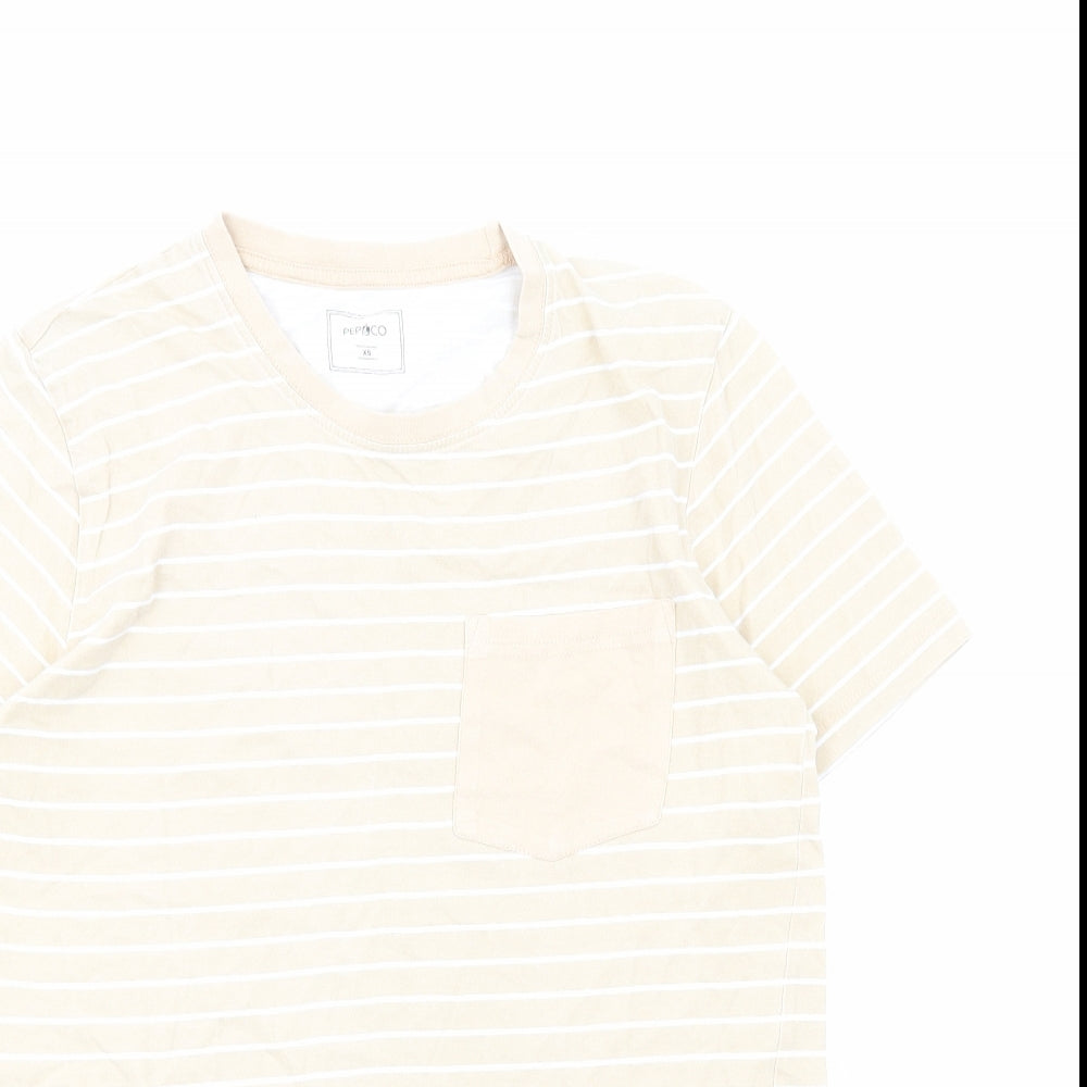 PEP&CO Womens Beige Striped Cotton Basic T-Shirt Size XS Round Neck