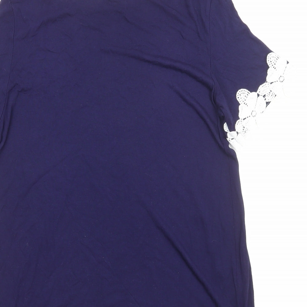 Dorothy Perkins Womens Blue Viscose Basic T-Shirt Size 12 Boat Neck - Crochet Trim