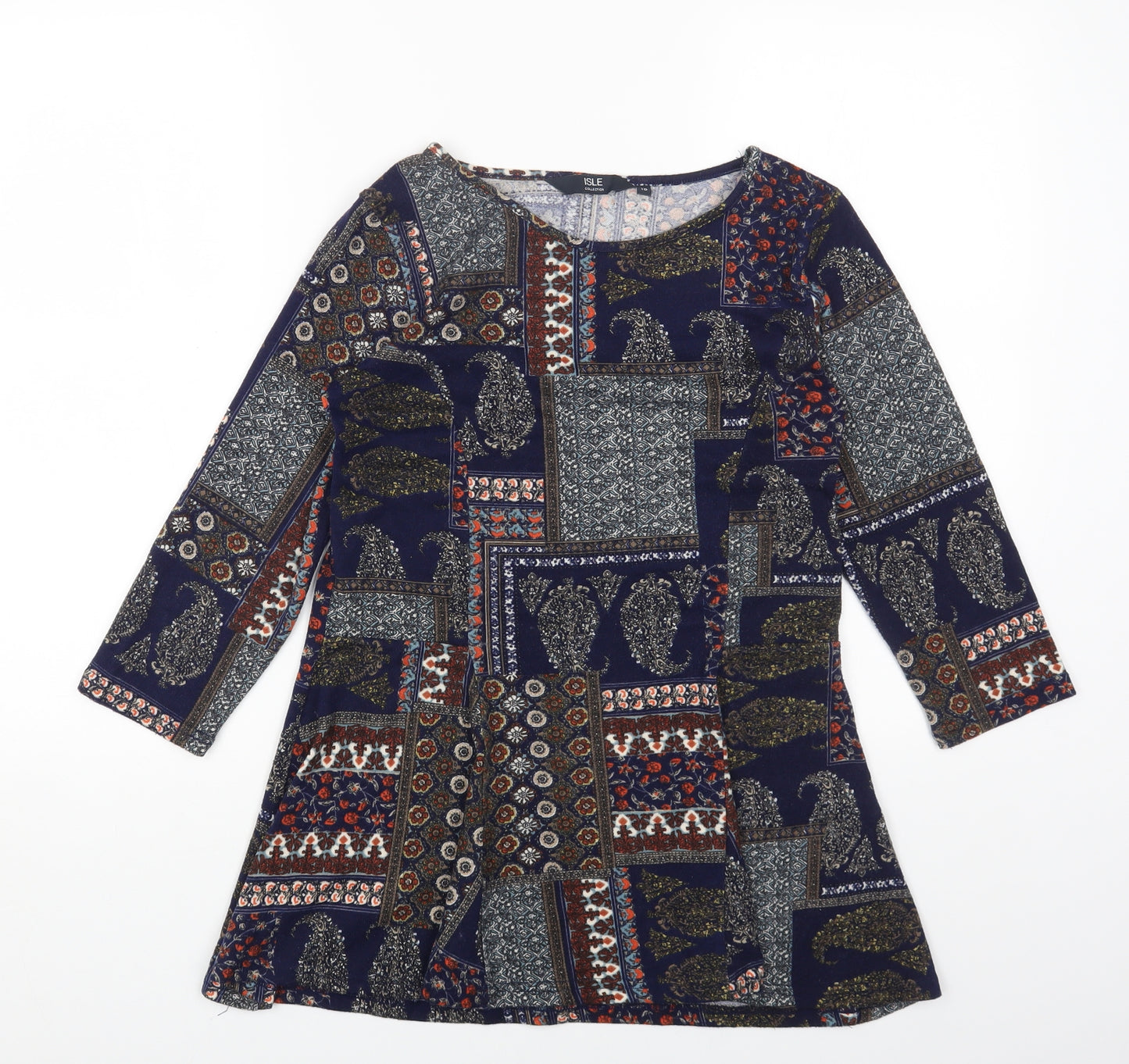 Isle collection Womens Blue Round Neck Geometric Polyester Pullover Jumper Size 10