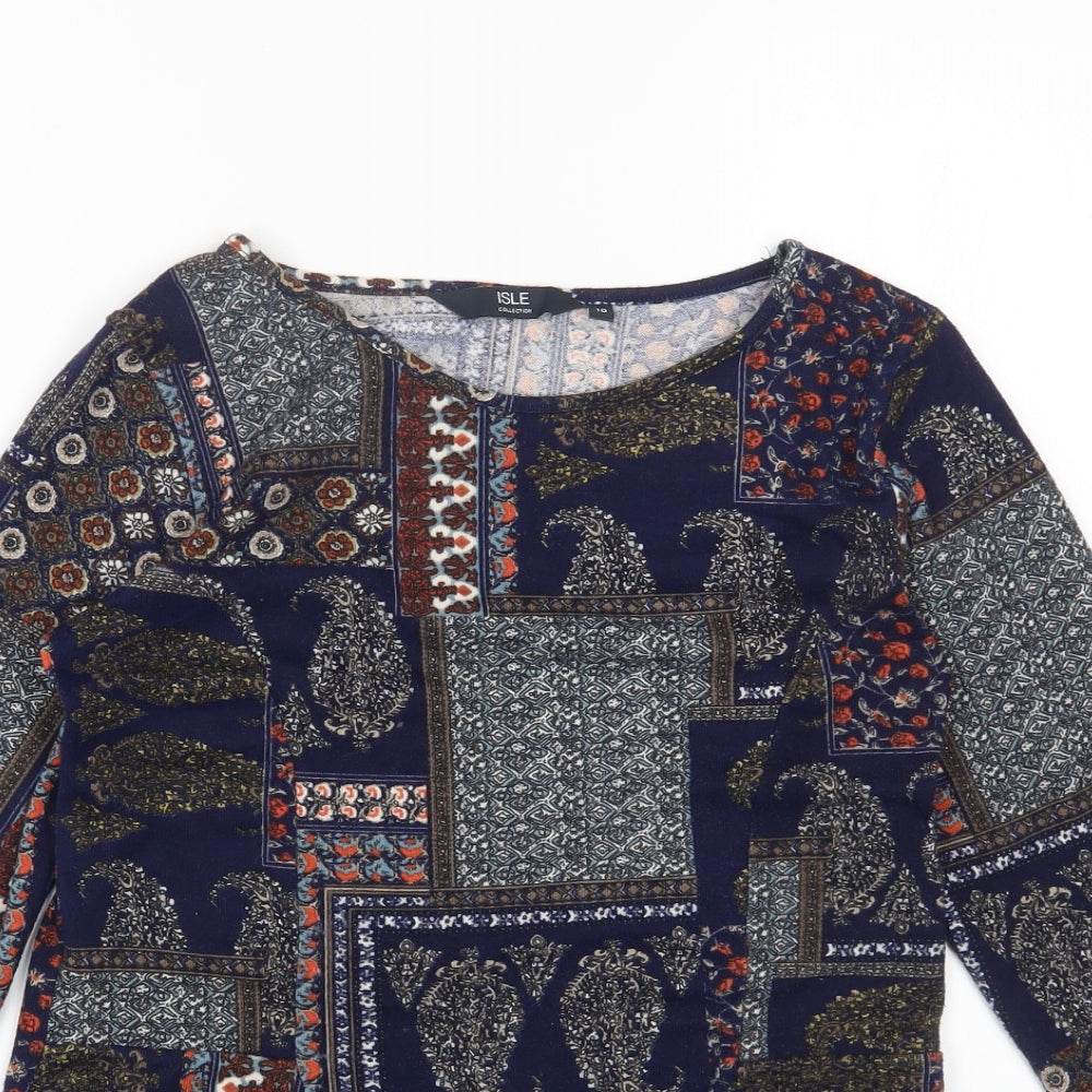 Isle collection Womens Blue Round Neck Geometric Polyester Pullover Jumper Size 10