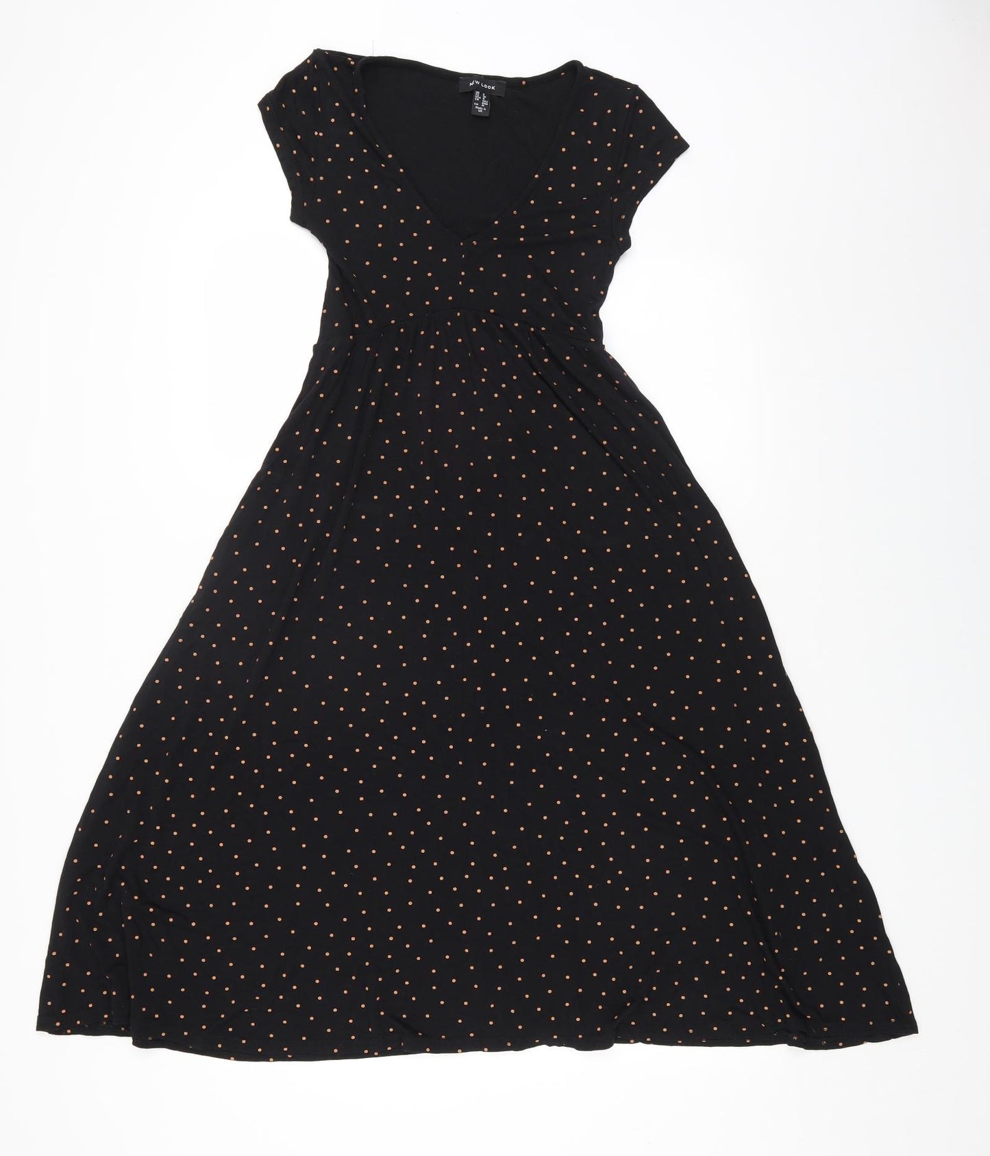 New Look Womens Black Polka Dot Cotton Fit & Flare Size 8 V-Neck Pullover