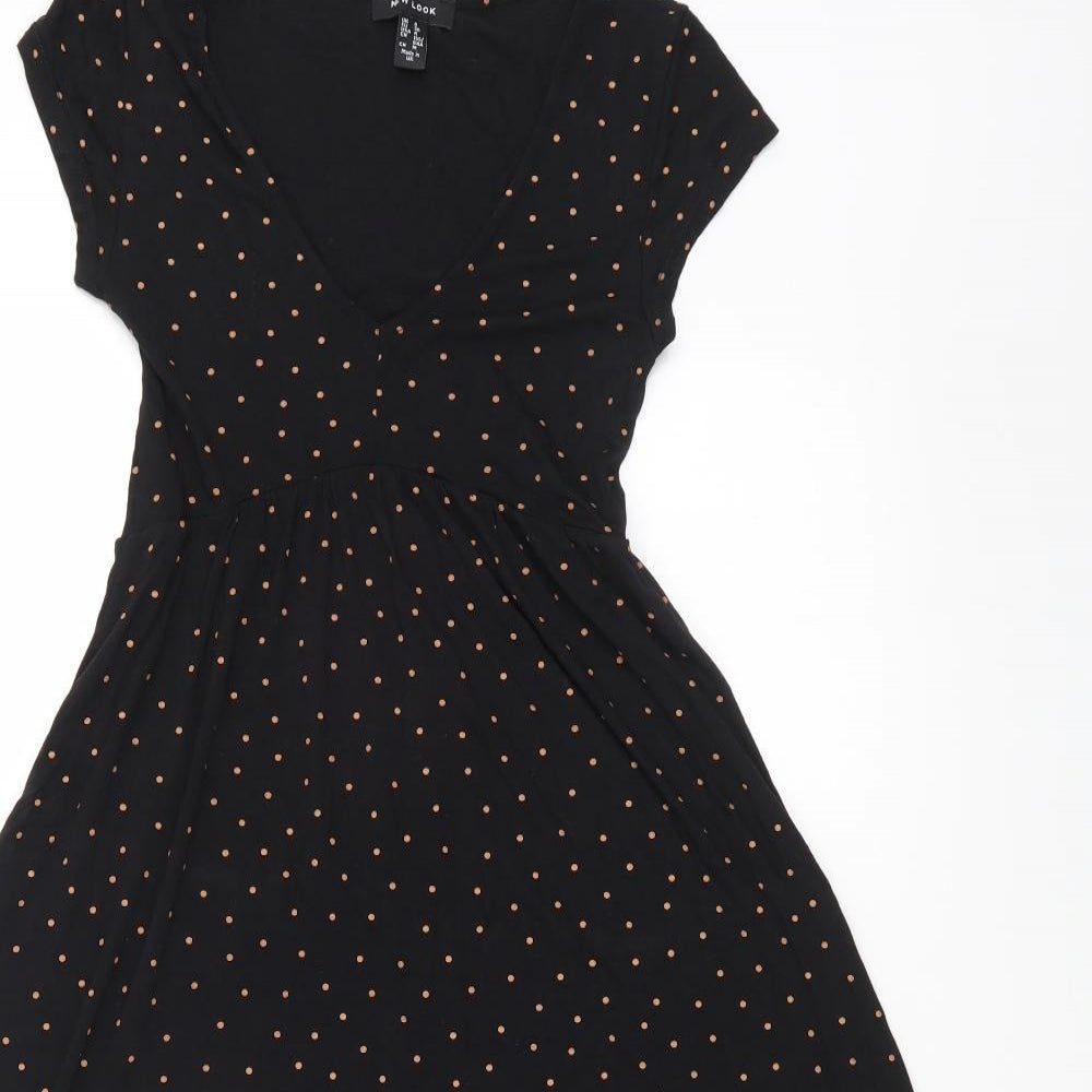 New Look Womens Black Polka Dot Cotton Fit & Flare Size 8 V-Neck Pullover