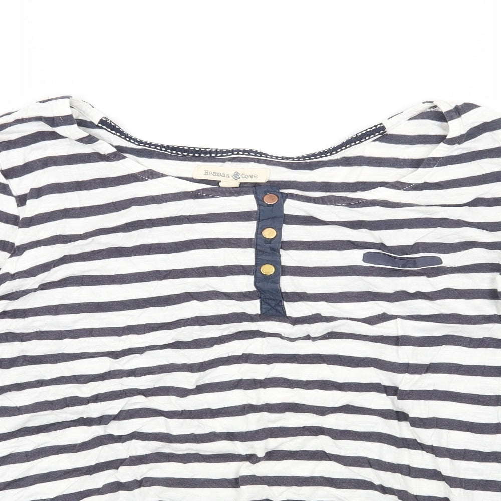 Beacon Cove Womens White Striped Cotton Basic T-Shirt Size XL Round Neck