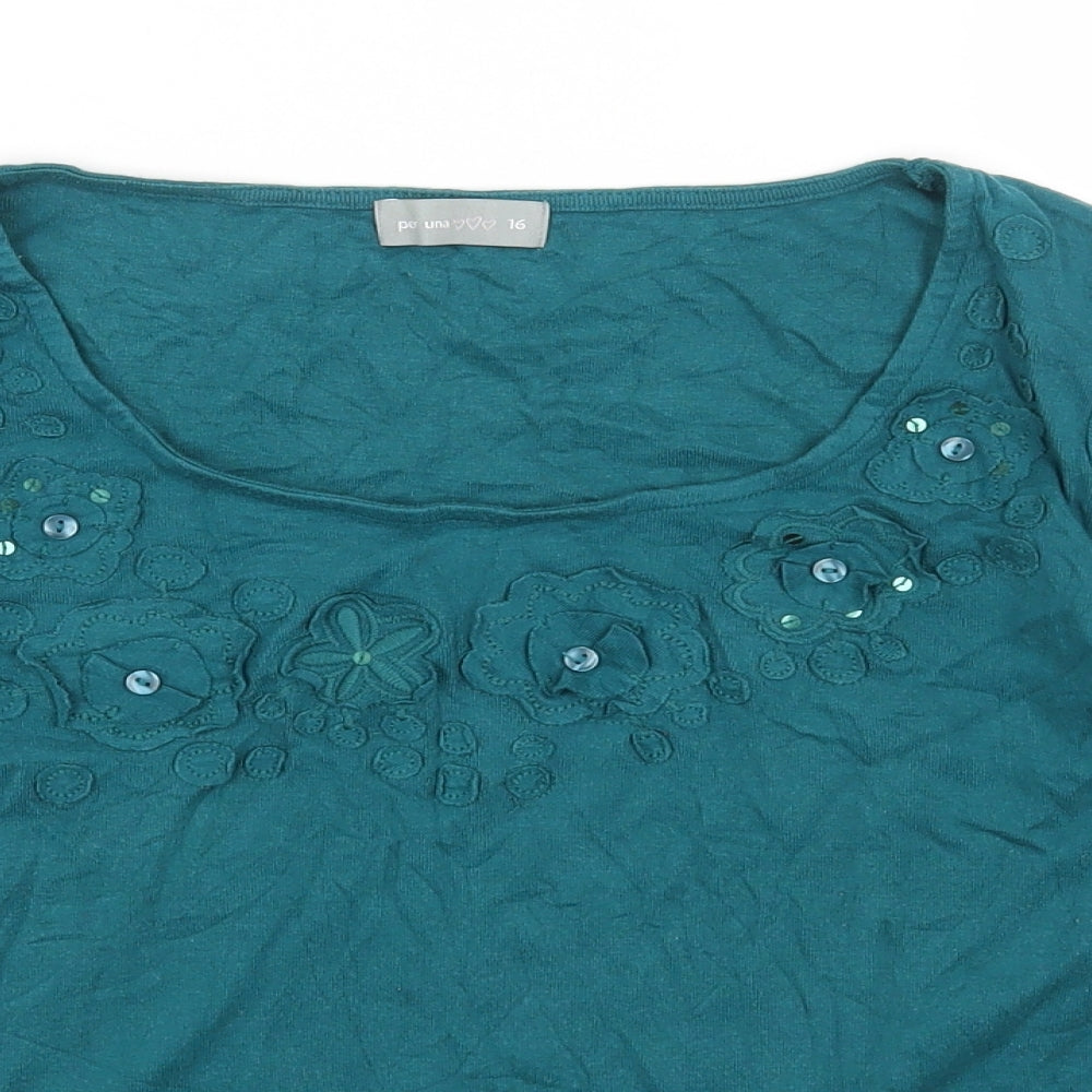 Per Una Womens Blue Cotton Basic T-Shirt Size 16 Scoop Neck