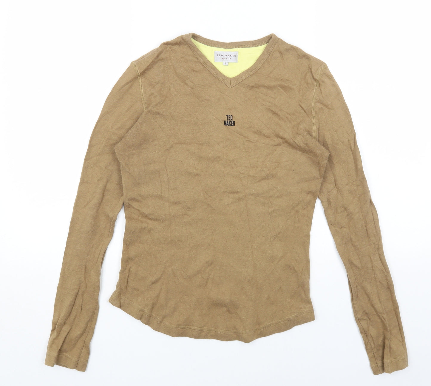 Ted Baker Womens Beige Cotton Basic T-Shirt Size S V-Neck