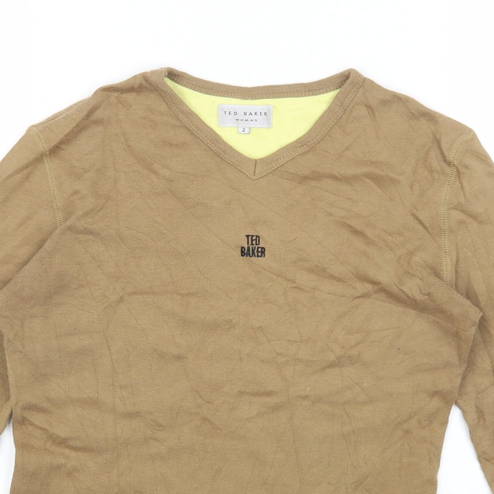 Ted Baker Womens Beige Cotton Basic T-Shirt Size S V-Neck