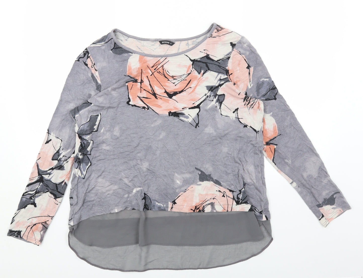 Roman Womens Grey Floral Viscose Basic Blouse Size 16 Boat Neck