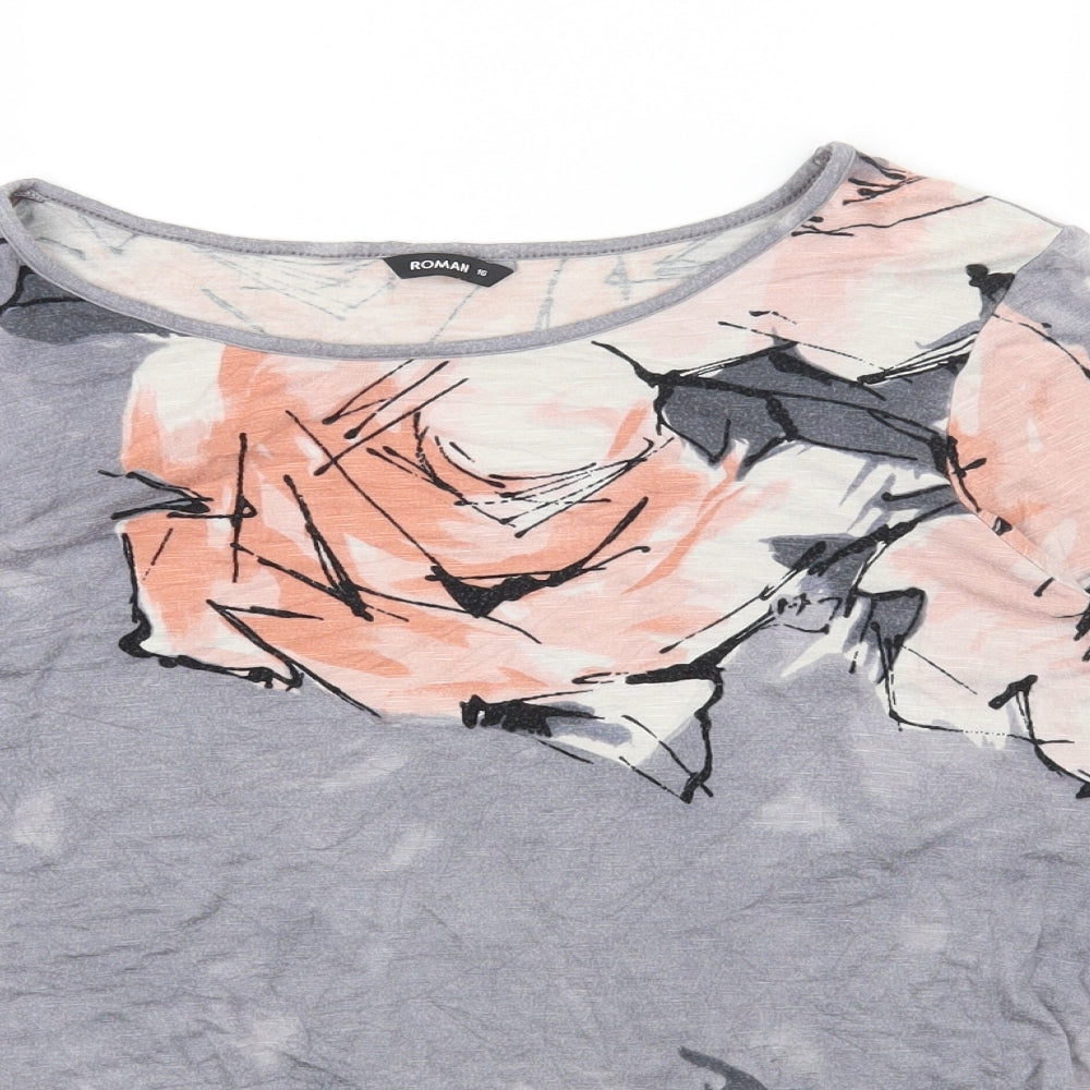 Roman Womens Grey Floral Viscose Basic Blouse Size 16 Boat Neck
