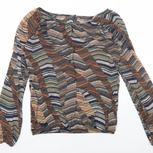 Warehouse Womens Brown Geometric Polyester Basic Blouse Size 8 Boat Neck