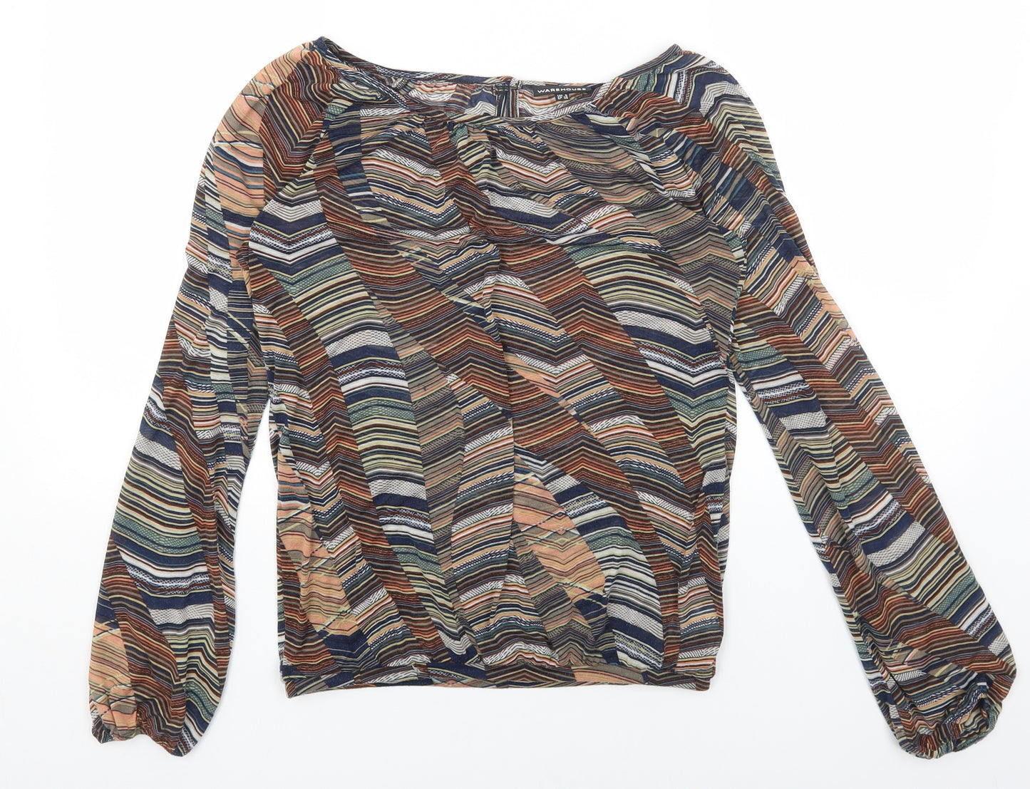 Warehouse Womens Brown Geometric Polyester Basic Blouse Size 8 Boat Neck