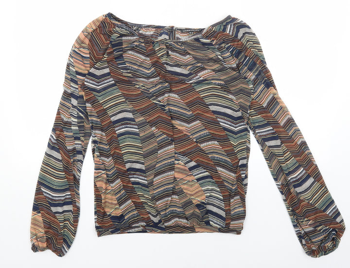 Warehouse Womens Brown Geometric Polyester Basic Blouse Size 8 Boat Neck