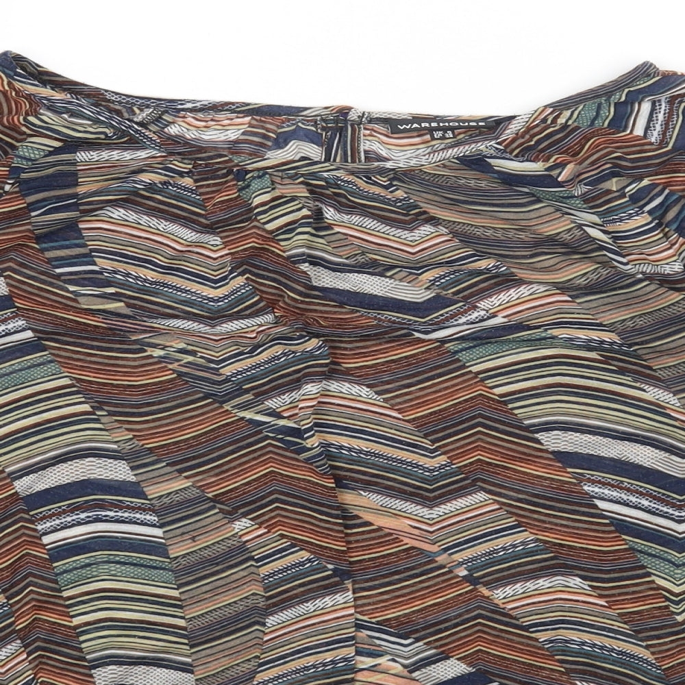Warehouse Womens Brown Geometric Polyester Basic Blouse Size 8 Boat Neck
