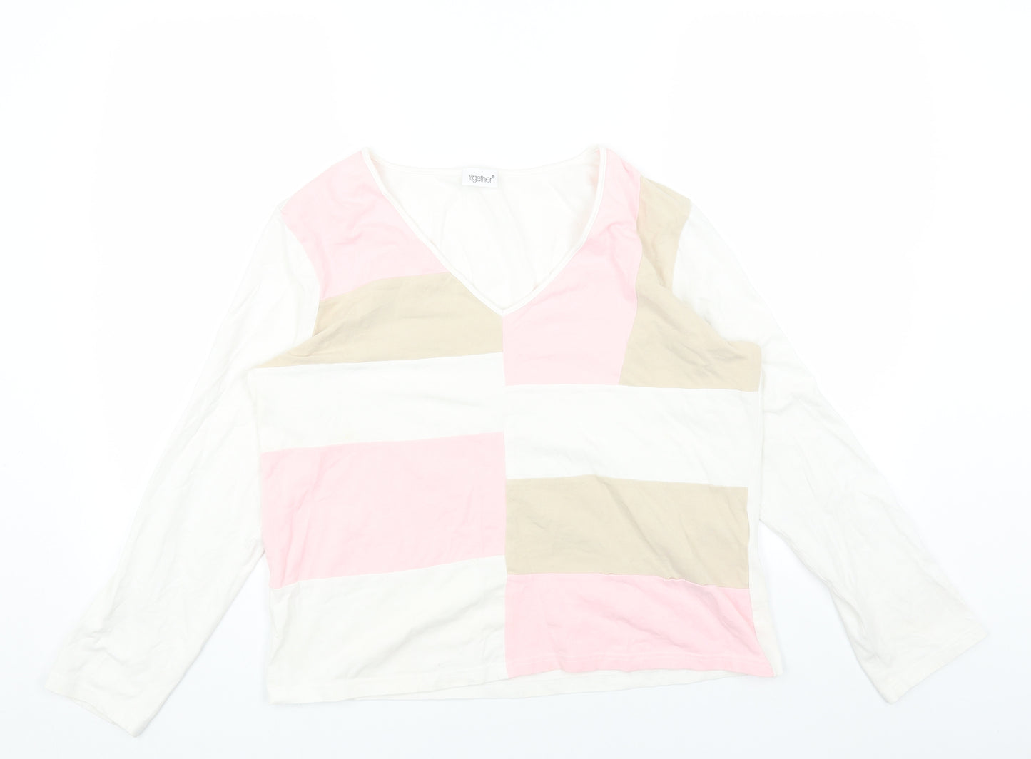 Preworn Womens White Geometric Cotton Basic T-Shirt Size 20 V-Neck