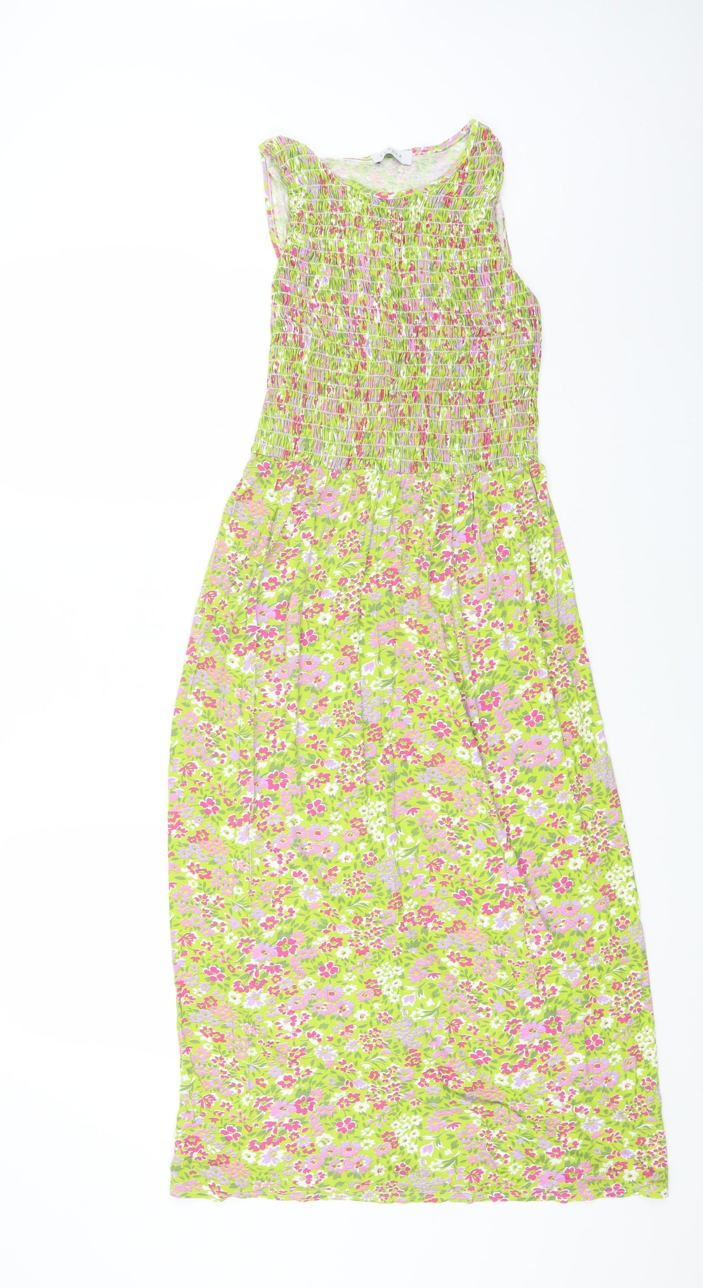 Papaya Womens Green Floral Viscose A-Line Size 8 Boat Neck Pullover - Shirred Top