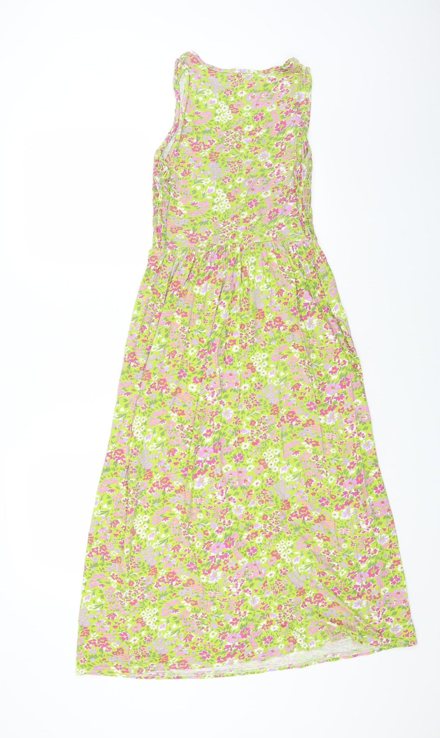 Papaya Womens Green Floral Viscose A-Line Size 8 Boat Neck Pullover - Shirred Top