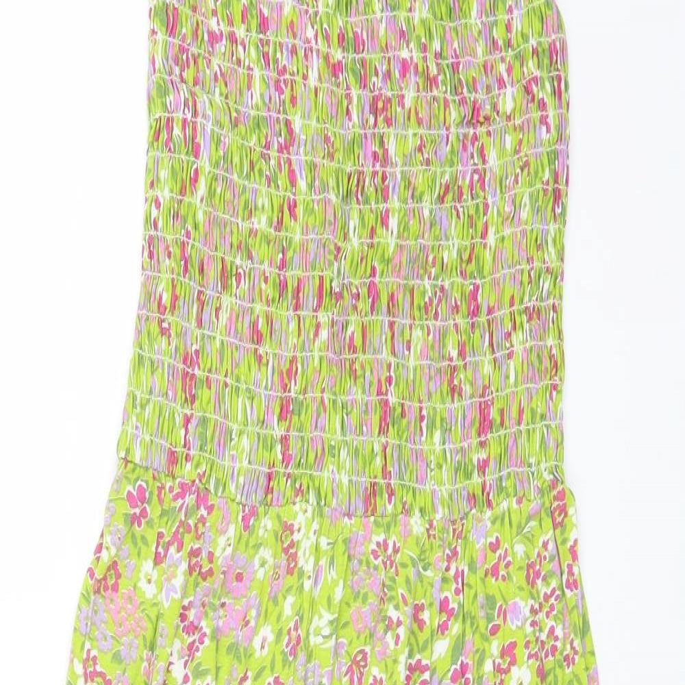 Papaya Womens Green Floral Viscose A-Line Size 8 Boat Neck Pullover - Shirred Top