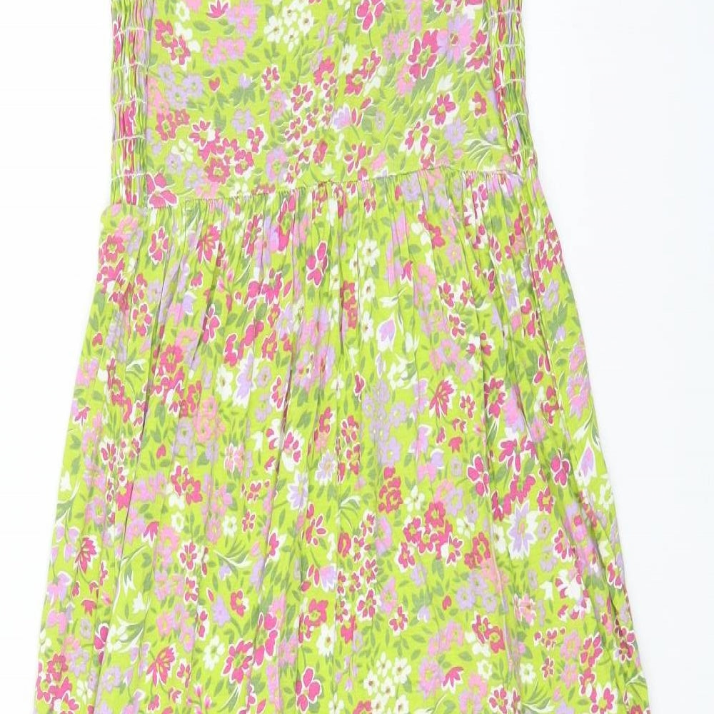 Papaya Womens Green Floral Viscose A-Line Size 8 Boat Neck Pullover - Shirred Top