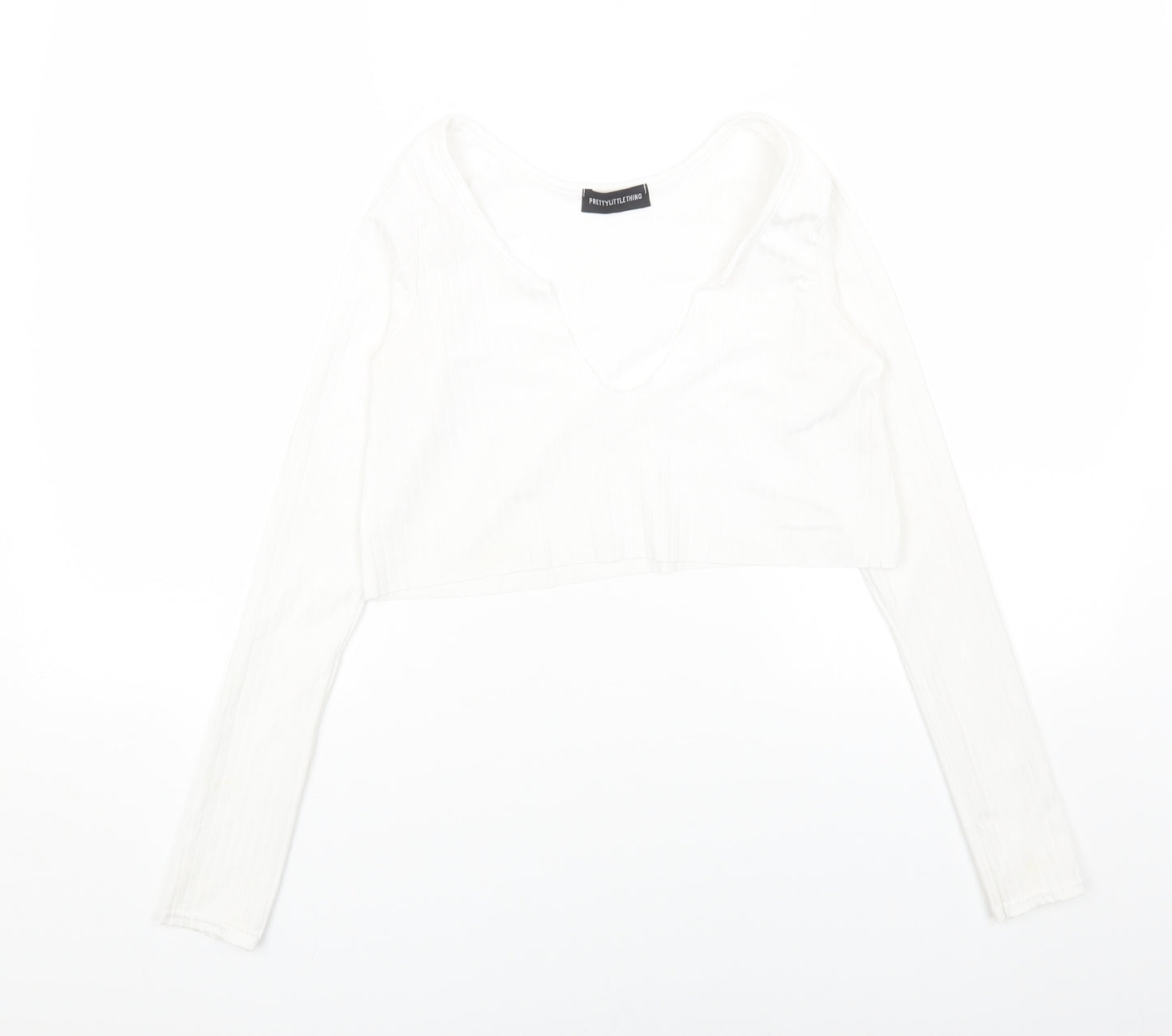 PRETTYLITTLETHING Womens White Polyester Cropped Blouse Size 8 V-Neck - Ribbed