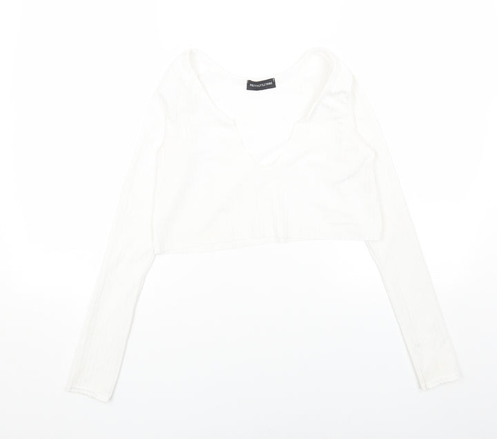 PRETTYLITTLETHING Womens White Polyester Cropped Blouse Size 8 V-Neck - Ribbed
