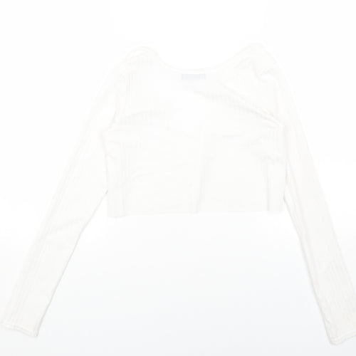 PRETTYLITTLETHING Womens White Polyester Cropped Blouse Size 8 V-Neck - Ribbed