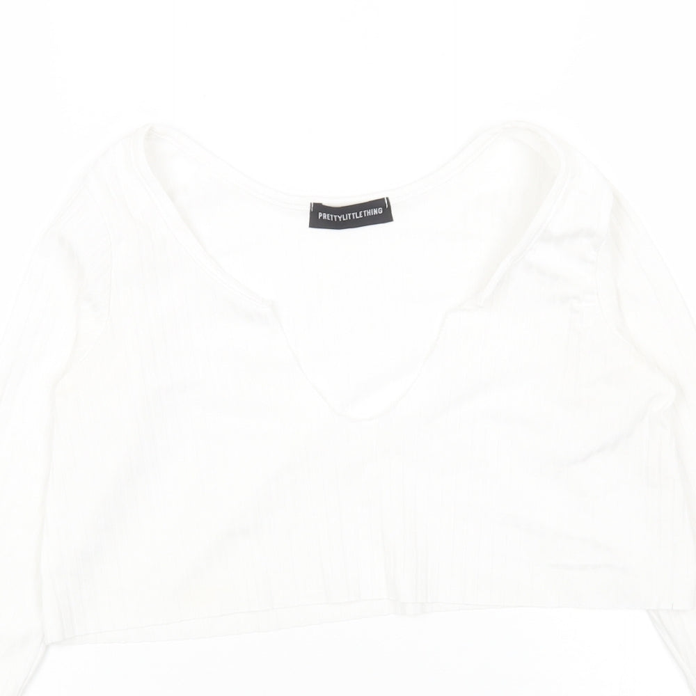 PRETTYLITTLETHING Womens White Polyester Cropped Blouse Size 8 V-Neck - Ribbed