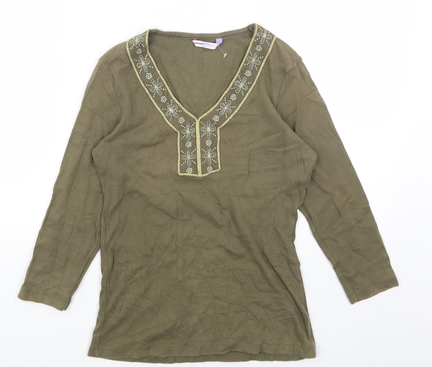 Papaya Womens Green Cotton Basic Blouse Size 10 V-Neck