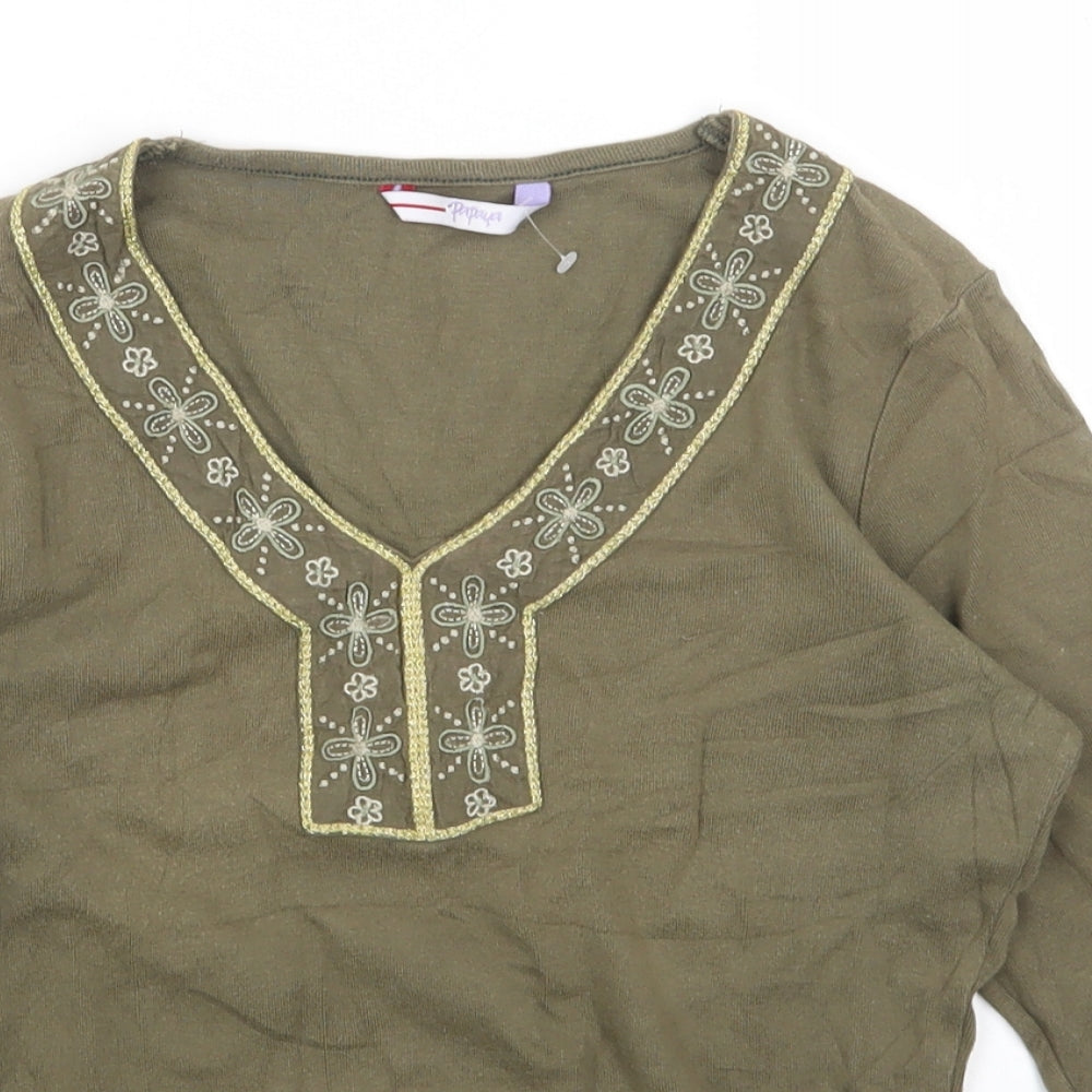 Papaya Womens Green Cotton Basic Blouse Size 10 V-Neck
