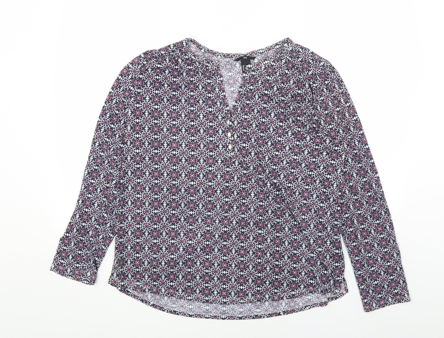 H&M Womens Blue Geometric Polyester Basic Blouse Size L V-Neck