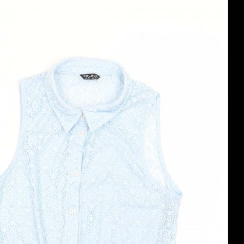 Select Womens Blue Floral Polyester Basic Button-Up Size 16 Collared - Tie Front