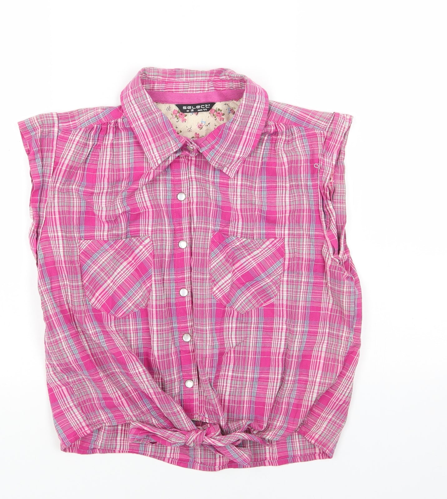 Select Womens Pink Plaid Cotton Cropped Button-Up Size 16 Collared - Tie Front
