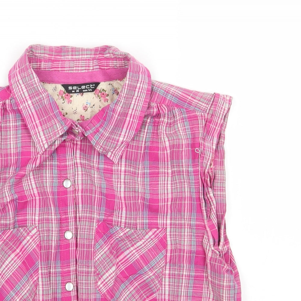 Select Womens Pink Plaid Cotton Cropped Button-Up Size 16 Collared - Tie Front