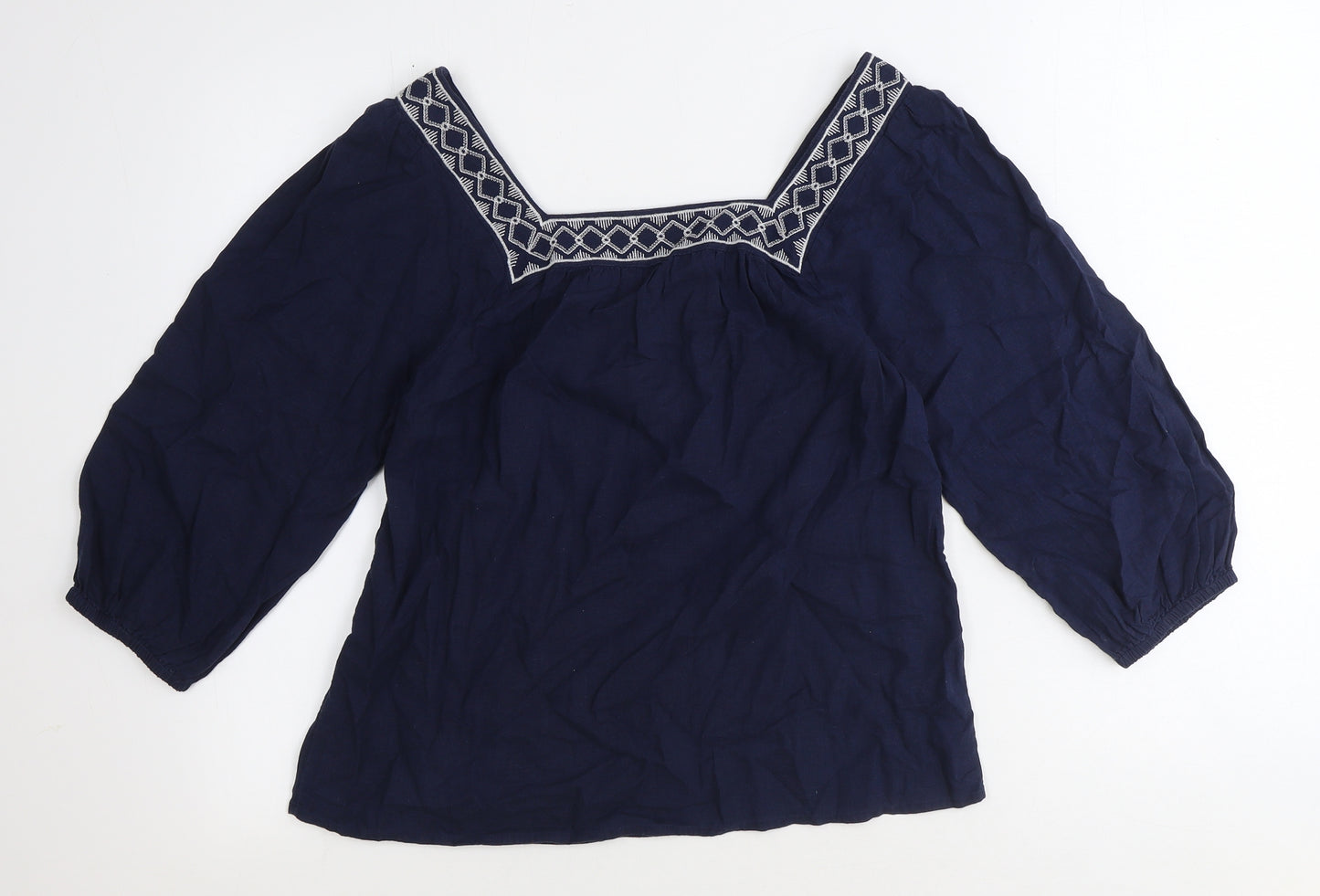 Marks and Spencer Womens Blue Geometric Flax Basic T-Shirt Size 6 Square Neck