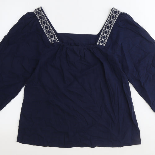 Marks and Spencer Womens Blue Geometric Flax Basic T-Shirt Size 6 Square Neck