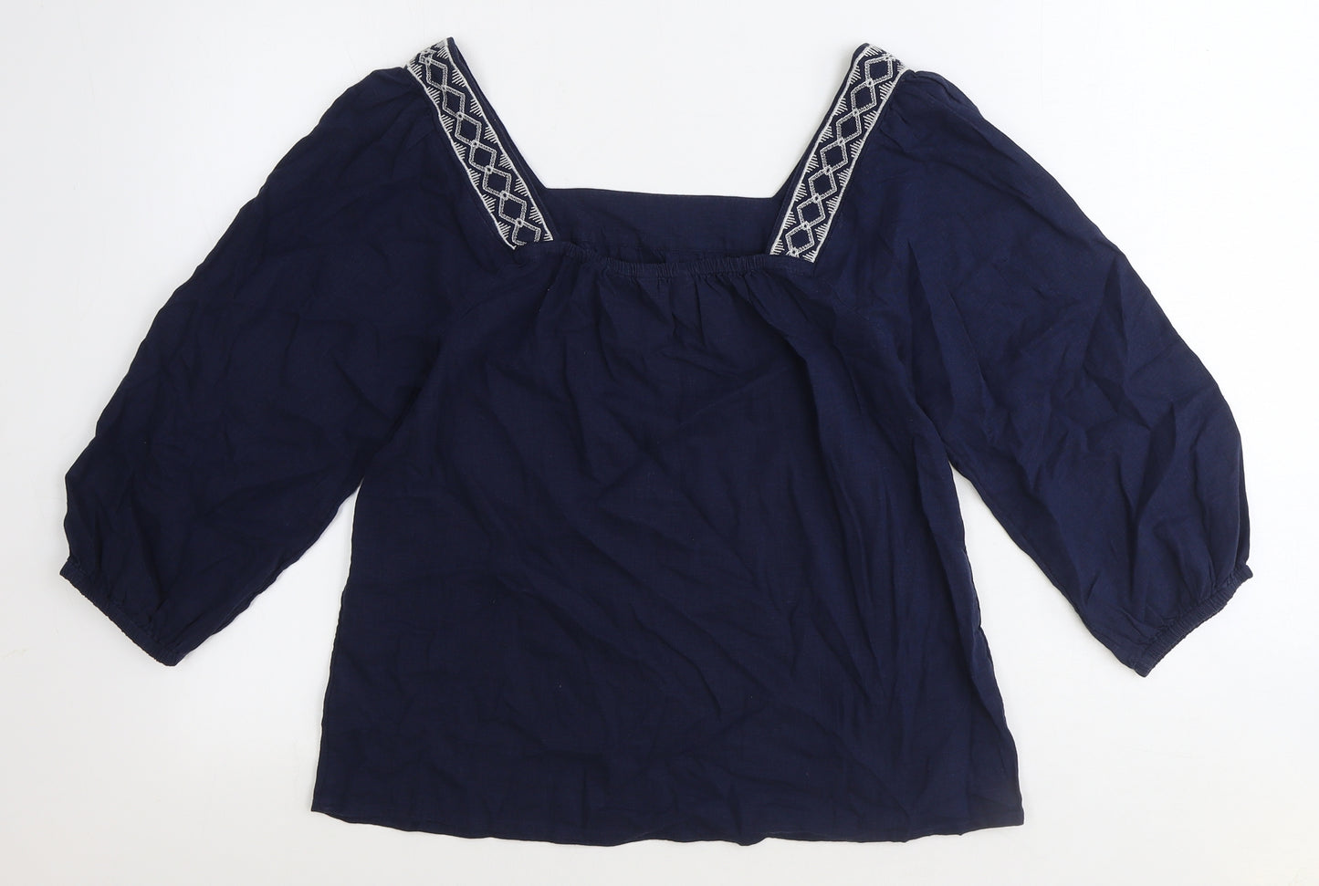 Marks and Spencer Womens Blue Geometric Flax Basic T-Shirt Size 6 Square Neck