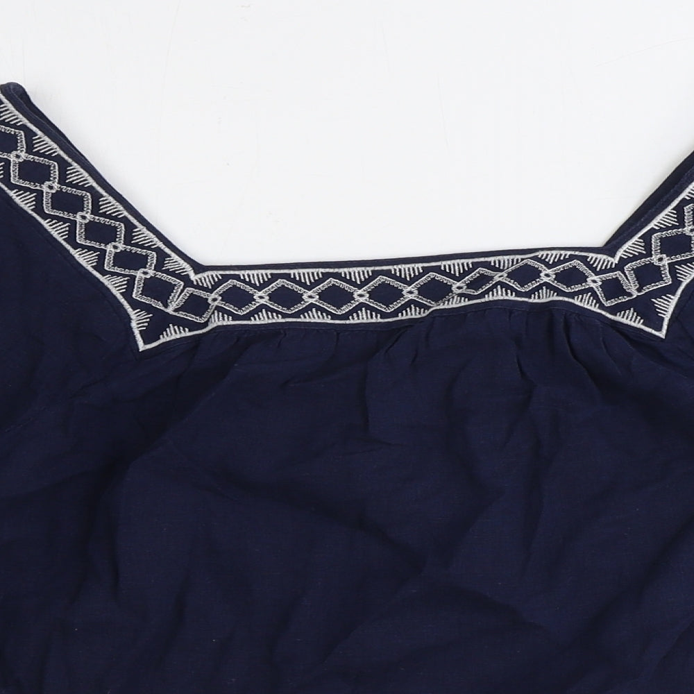 Marks and Spencer Womens Blue Geometric Flax Basic T-Shirt Size 6 Square Neck