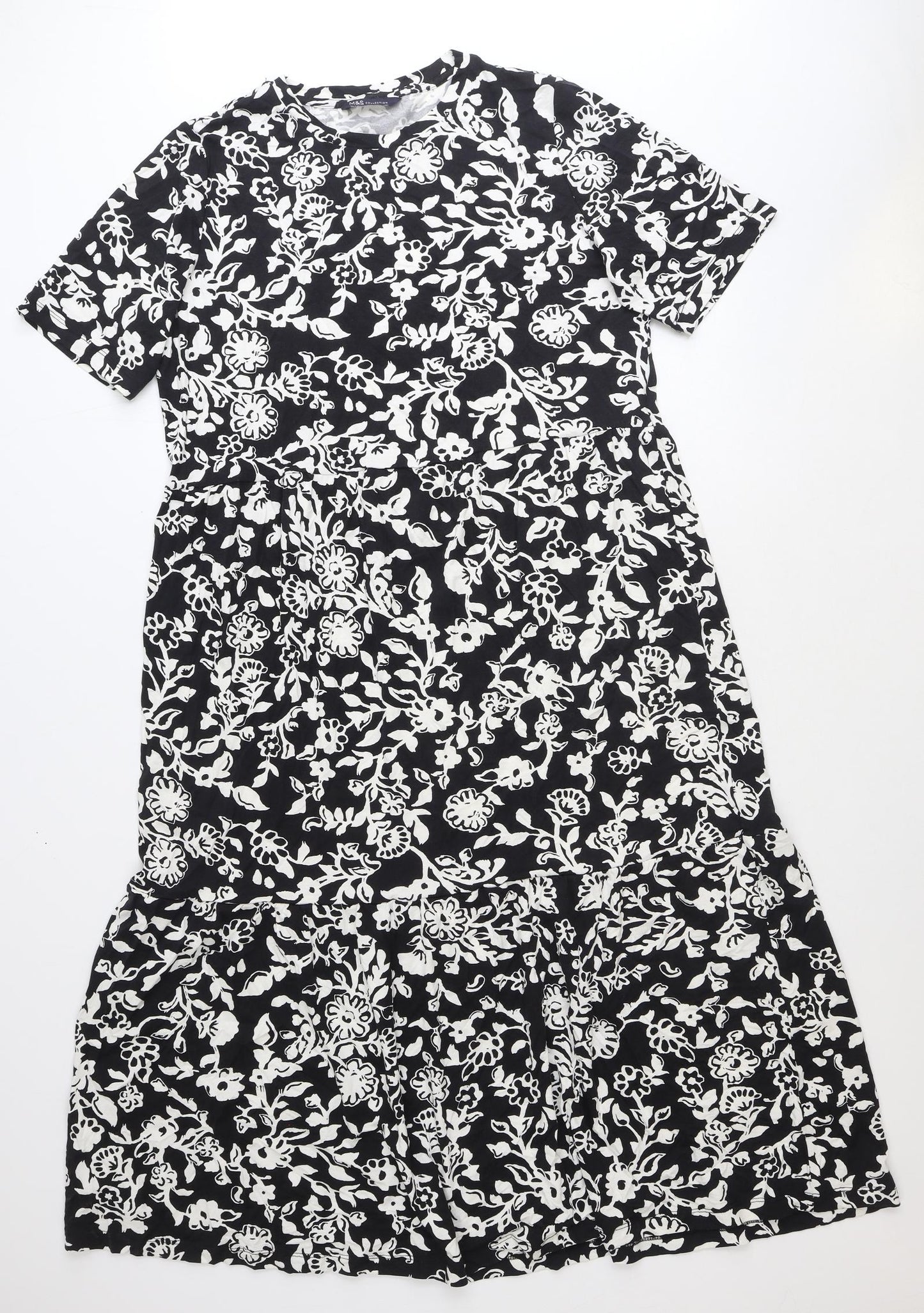 Marks and Spencer Womens Black Floral Viscose A-Line Size 16 Round Neck Pullover