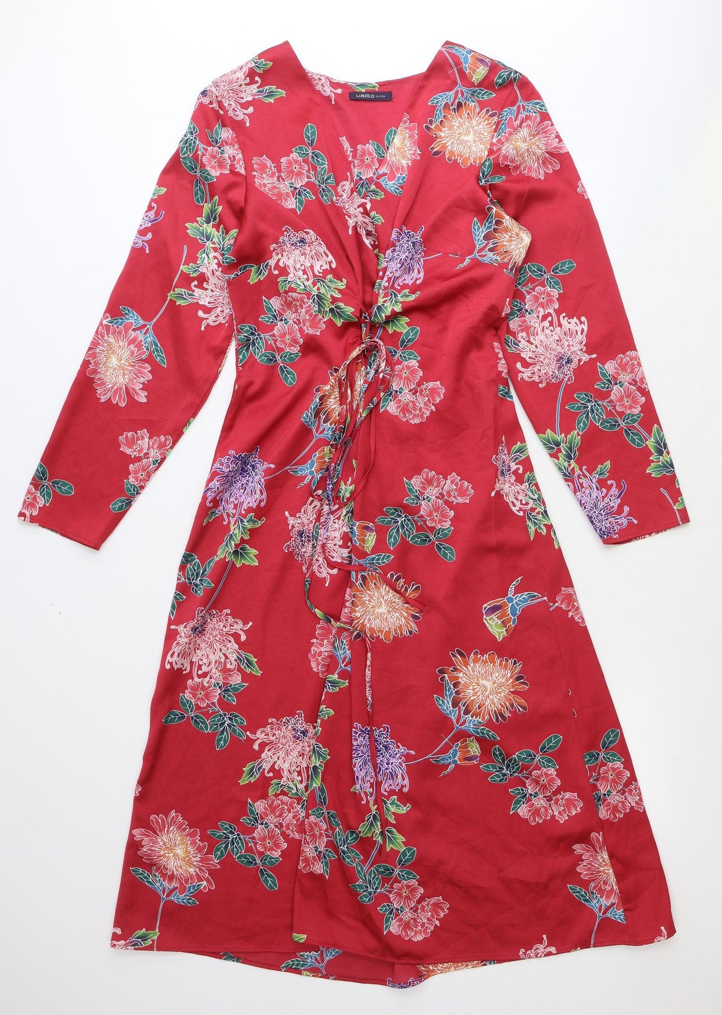 Marks and Spencer Womens Red Floral Polyester Wrap Dress Size 16 V-Neck Tie