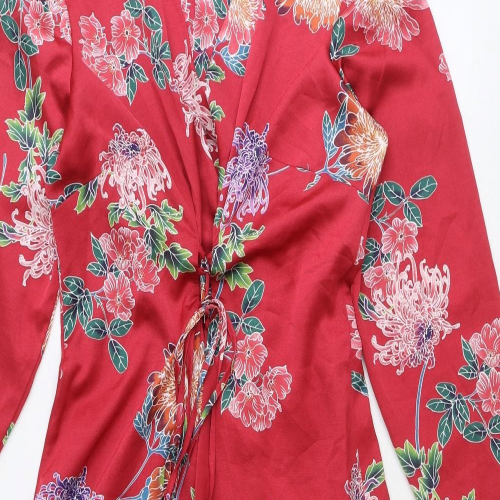 Marks and Spencer Womens Red Floral Polyester Wrap Dress Size 16 V-Neck Tie