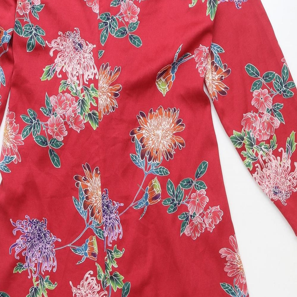 Marks and Spencer Womens Red Floral Polyester Wrap Dress Size 16 V-Neck Tie