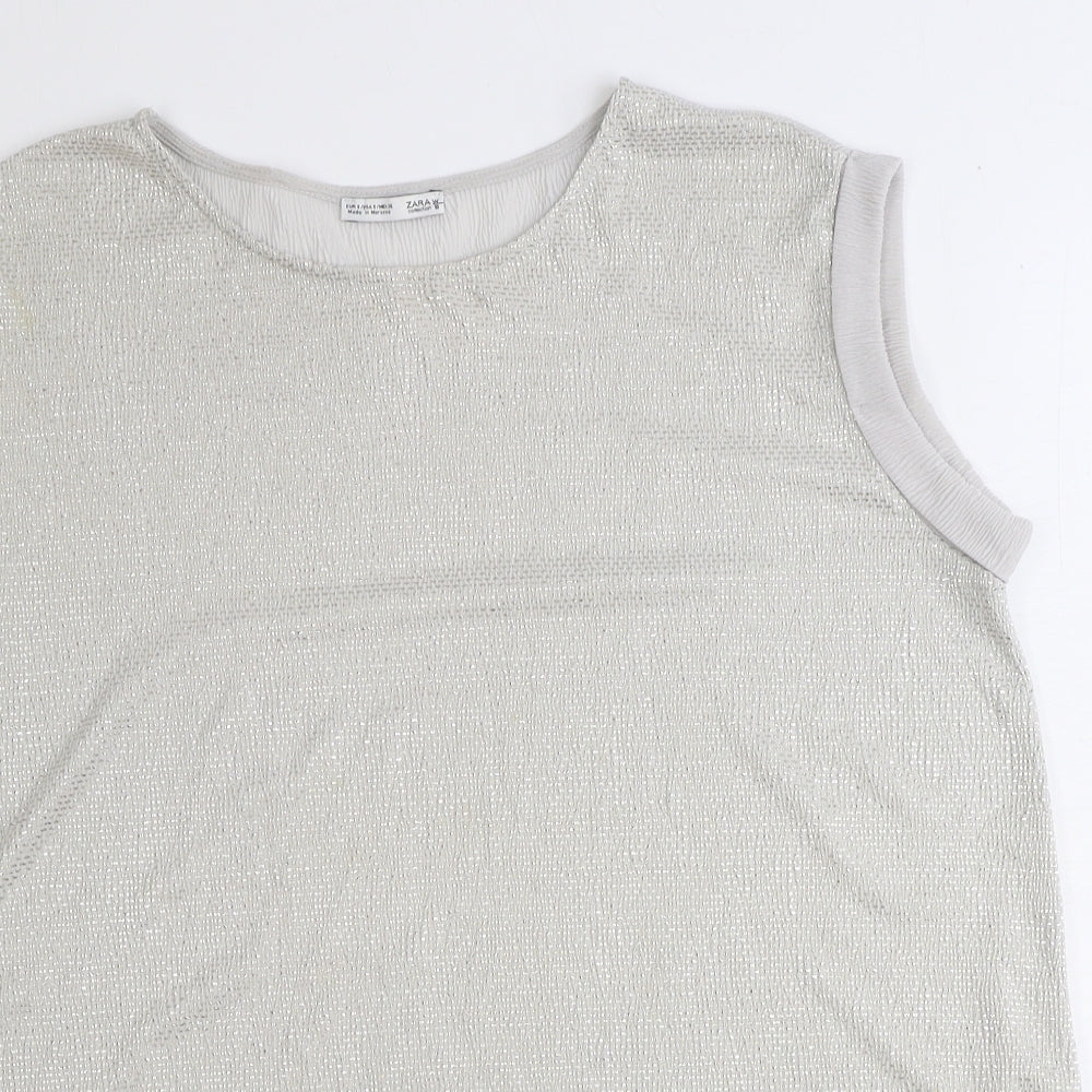 Zara Womens Silver Polyester Basic T-Shirt Size S Round Neck