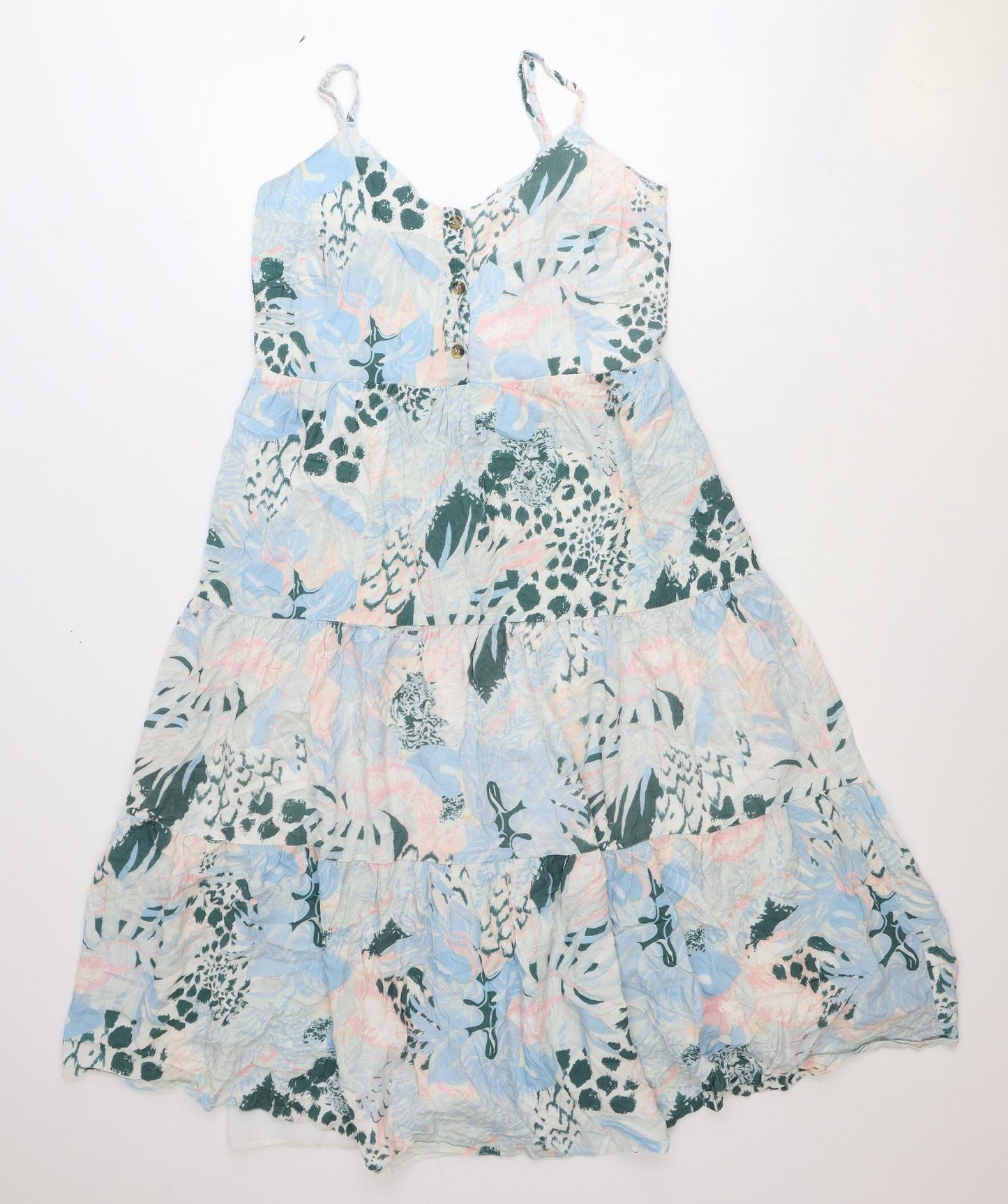 Oasis Womens Blue Floral Viscose Slip Dress Size 12 V-Neck Tie - Tiered