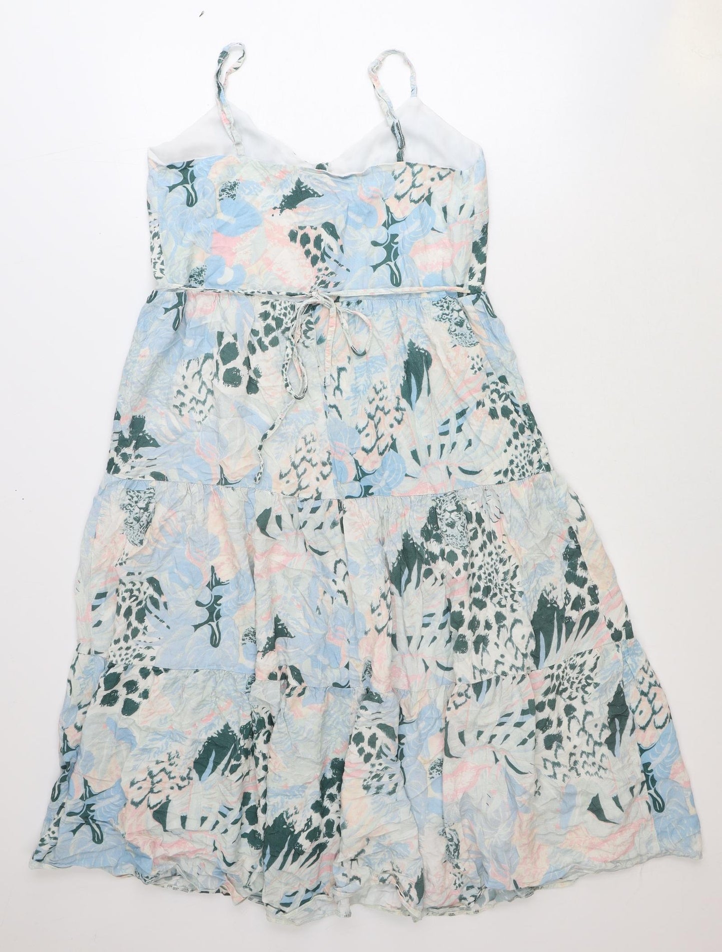 Oasis Womens Blue Floral Viscose Slip Dress Size 12 V-Neck Tie - Tiered